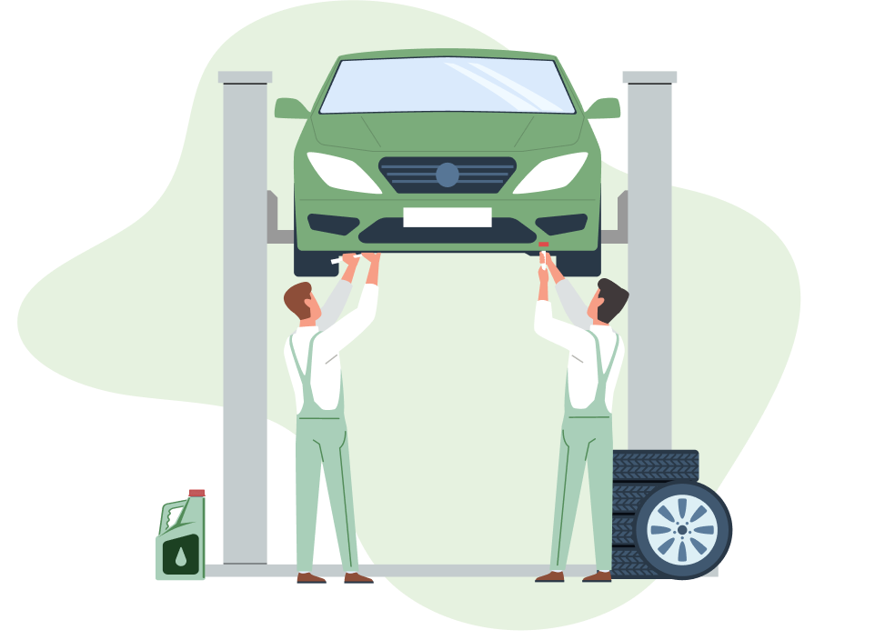 Ilustracja dwóch mechaników podnoszących samochód na podnośniku w warsztacie
